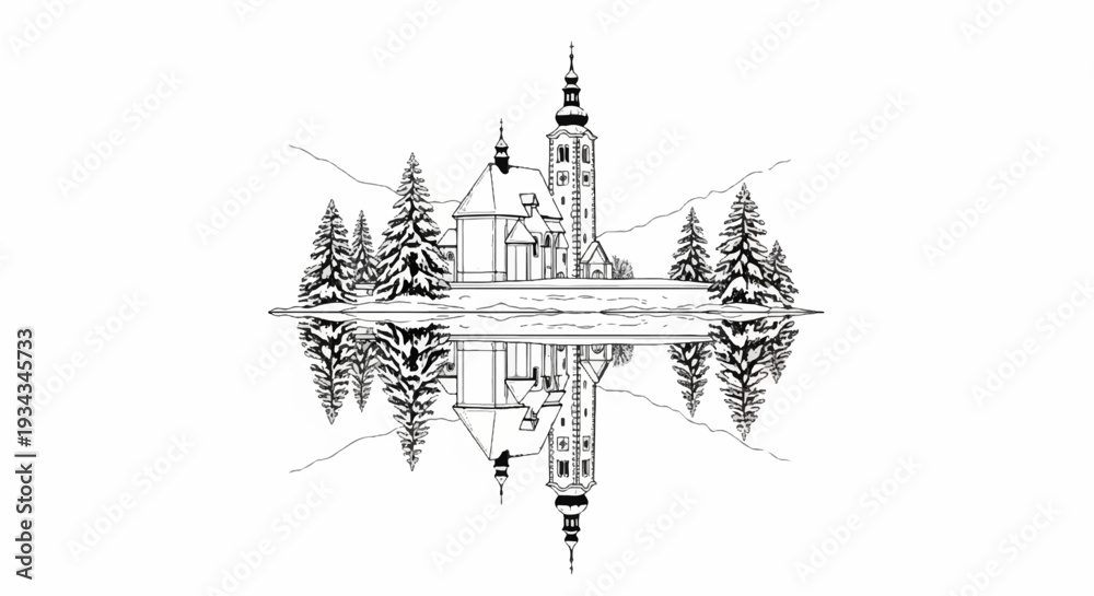 Obraz premium Winter scene featuring a church and snow-covered trees reflected in a calm lake