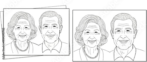 Two smiling elderly individuals, a woman and a man, drawn in outline style