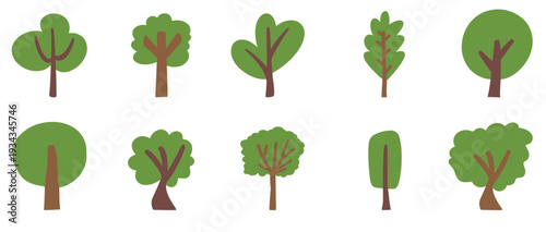 "Simple Green Tree Icon Set – Cute Cartoon Forest and Park Plant Collection, Minimal Flat Vector Shapes Isolated on White"