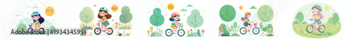 vector of a little girl cycling leisurely in the park during spring