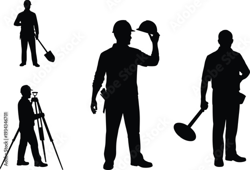 Construction engineer and surveyor silhouettes set, workers holding shovel hard hat and tripod equipment, industrial building site profession vector illustration collection