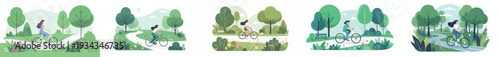 vector of a woman cycling leisurely in the park during spring