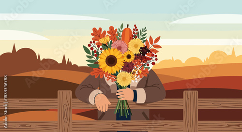 Autumn Bouquet Concealing Head, Rustic Fall Landscape Background