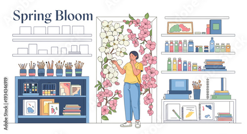 Artist surrounded by spring bloom, creative studio with art supplies and flowers