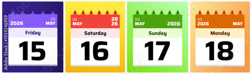 Minimal flat daily calendar illustrations for May 15,16,17,18 2026. Balanced composition and strong typography make this set ideal for corporate planners and organization templates
