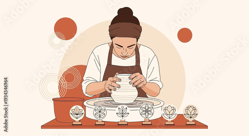 Artist Working on Pottery Wheel, Creating Ceramic Art