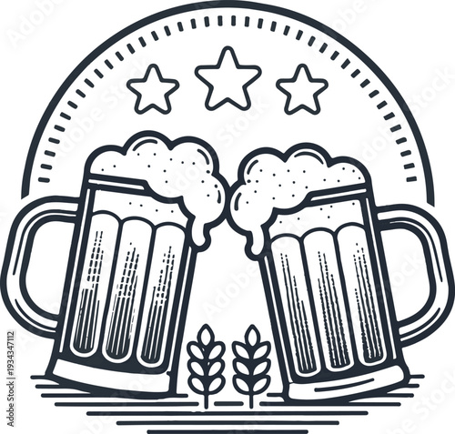 Minimal black outline beer mug icon, two clinking beer glasses with foam, bold clean stroke line art, simple flat vector illustration, no fill, no gradient, monochrome black color, consistent stroke w