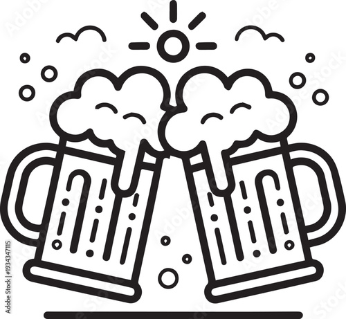 Minimal black outline beer mug icon, two clinking beer glasses with foam, bold clean stroke line art, simple flat vector illustration, no fill, no gradient, monochrome black color, consistent stroke w