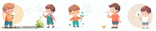 vector of a little boy blowing dandelion flowers in spring
