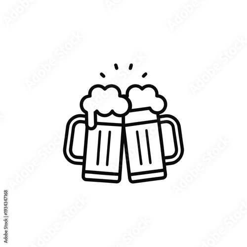 Minimal black outline beer mug icon, two clinking beer glasses with foam, bold clean stroke line art, simple flat vector illustration, no fill, no gradient, monochrome black color, consistent stroke w