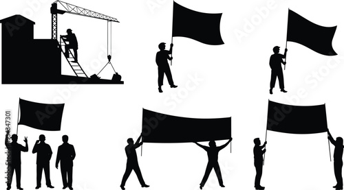 Construction worker and protester silhouettes with crane, ladder and people holding flags and banners, isolated black vector illustration set