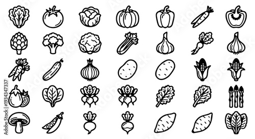 Fresh Harvest Vegetable Icons: 50 Unique Botanical Food Illustrations, Minimalist Garden Produce Line Art: Thick Monochrome Vegetable Set, Organic Farm-to-Table Glyphs: Professional Vector Icons