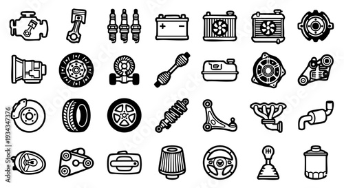 Automotive Engineering Vector Icons: 50 Professional Car Part Components, Minimalist Auto Repair Line Art: Thick Monochrome Vehicle Spare Parts Set