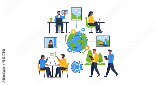 Virtual Global Team Collaboration Illustration: Remote Work, Online Meetings & Connected Professionals