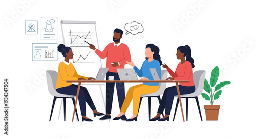 Diverse Business Team Meeting Presentation with Data Analysis and Collaboration