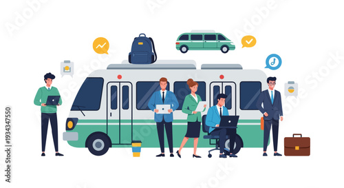 Flexible Work & Urban Commute: Diverse Business Professionals Productively Working On The Go in Modern Public Transportation