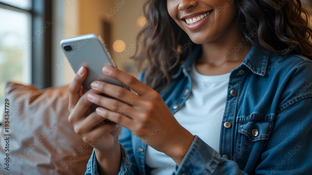 Fototapeta premium Woman Using Smartphone at Home – Mobile Messaging and Social Media Lifestyle Concept