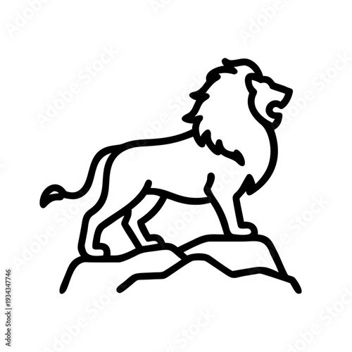 Majestic lion outline illustration standing on rocky terrain, symbolizing strength, leadership, and wild nature. A powerful graphic representation of a king of the jungle