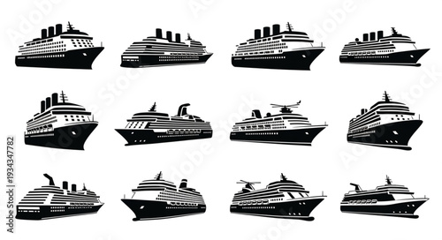 Collection of various cruise ships in black and white, perfect for travel and tourism.