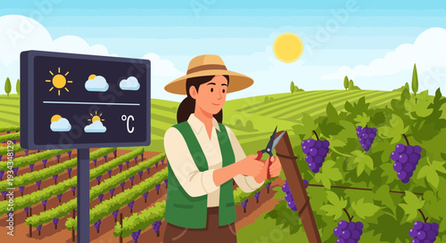 Woman farmer tending to grapevines near weather station.