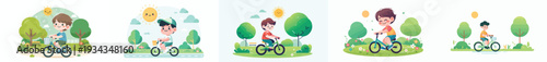 vector of a little boy cycling leisurely in the park during spring