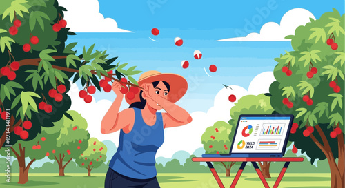 Woman Harvesting Fruit with Laptop Data Analysis.