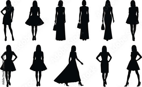 Women Silhouettes in Short and Long Dresses Collection Isolated on White Background, Female Fashion Models, Elegant and Casual Style Concept