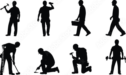 Construction worker silhouettes collection, builders with hammer and toolbox in standing walking and kneeling poses, professional manual labor vector illustration isolated