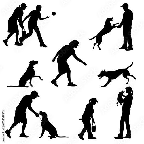 Collection of Silhouettes Illustrating People Interacting With Dogs in Various Activities
