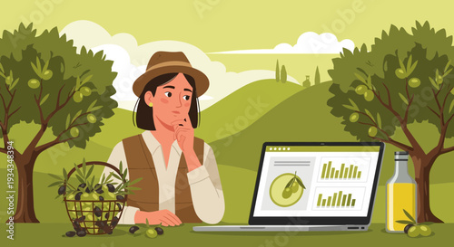 Farmer analyzing olive harvest data on laptop in orchard.