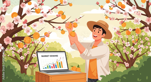 Farmer harvesting fruit with laptop showing market trends.
