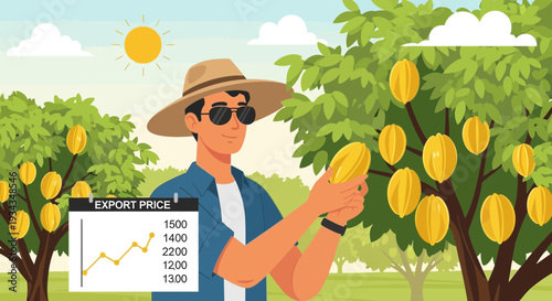 Farmer harvesting ripe star fruit in orchard with export price graph.