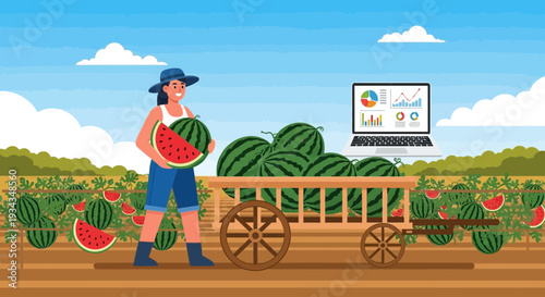 Farmer Harvesting Ripe Watermelons in a Field.