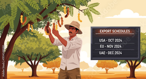 Farmer harvesting tamarind fruit from tree.