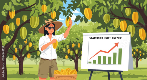 Farmer Inspecting Starfruit Harvest with Upward Price Trend Chart.