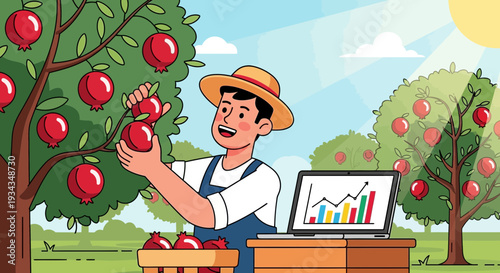 Farmer picking ripe red apples from tree with laptop showing analytics.