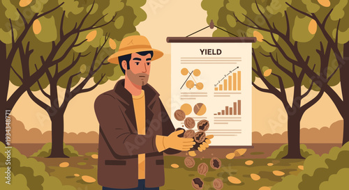 Farmer presenting agricultural yield data with charts.