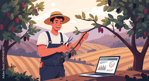 Farmer Pruning Fruit Tree With Laptop Nearby.