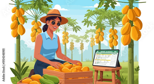 Farmer woman harvesting ripe papayas in tropical orchard.