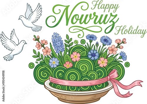 Happy nowruz holiday greeting with flowers and doves