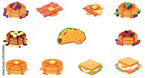 Breakfast Food Icons Set with Pancakes, Bacon, Sandwich, Taco and Berries Sweet and Savory Cartoon Vector Illustration Collection