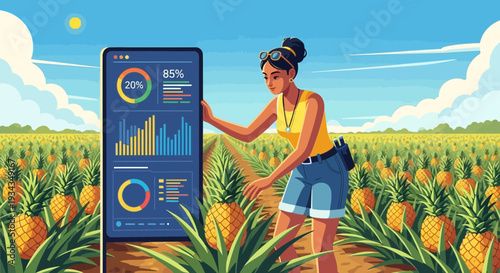 Woman Analyzing Farm Data on Smartphone in Pineapple Field.