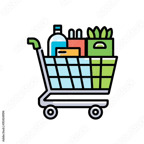 Shopping cart filled with groceries, including water and vegetables  