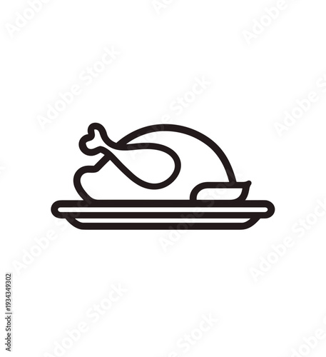 Roasted chicken on a plate in simple line art style  