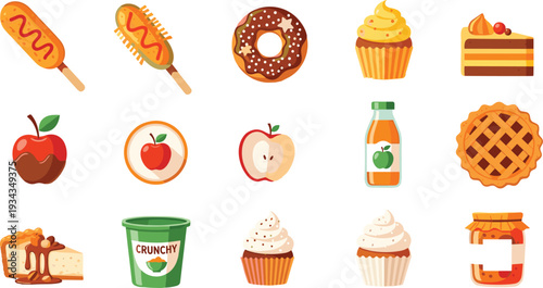 Sweet Bakery and Snack Icons Set with Donut, Cupcake, Pie, Apple, Juice and Corn Dog Cartoon Vector Illustration Collection