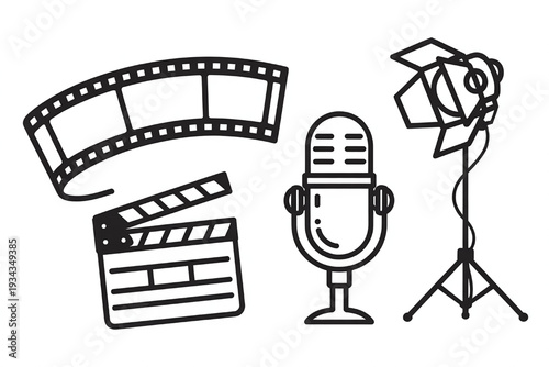 Collection of film and music icons including film strip clapperboard microphone and spotlight flat design elements for media and entertainment concepts isolated on white