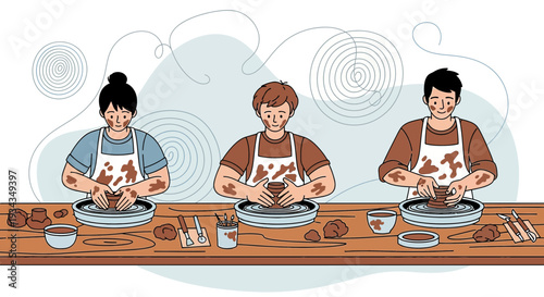 People Enjoying Pottery Class, Hands Covered in Clay, Creative Hobby