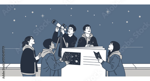 People Stargazing with Telescope, Learning Astronomy Under Night Sky