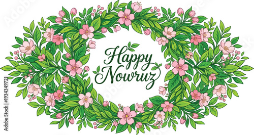 Happy nowruz greeting card with beautiful green leaves and pink spring flowers wreath illustration