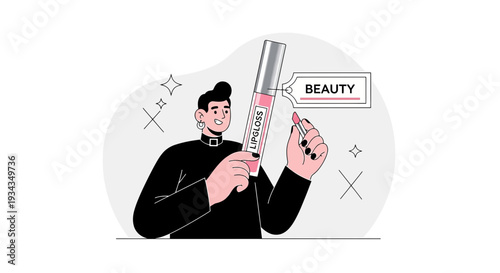 Person applying lip gloss, beauty product advertisement, makeup illustration